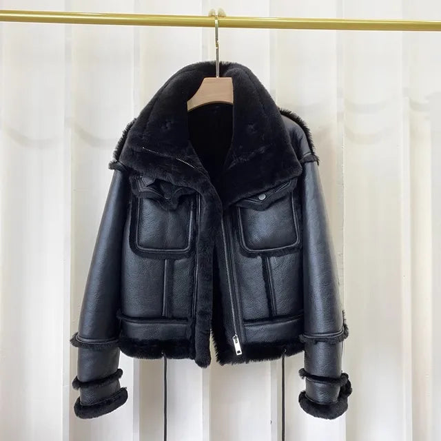 Real Fur Motorcycle Coat Wool Lining