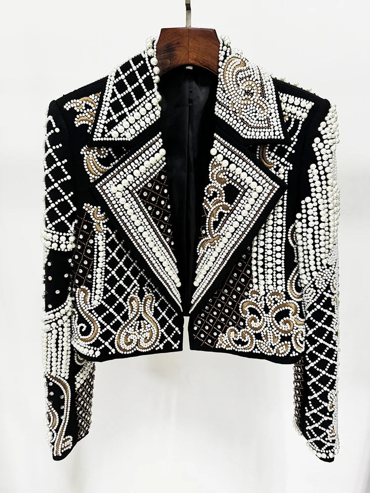 HIGH STREET Luxurious Diamonds Pearls Embroidered Beaded Cropped Velvet Jacket