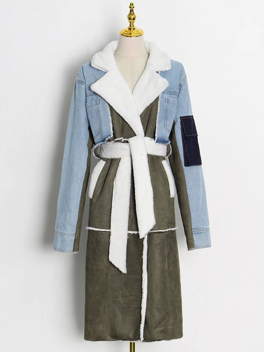 ECRURANI Patchwork Casual Patchwork Lambswool Trench