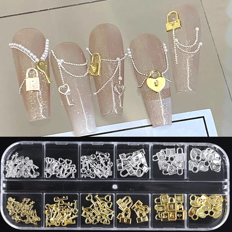 12 Grids Gold Silver Metal Lock Key Nail Decorations