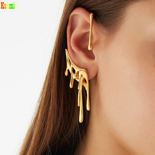 Kshmir 2020 New Punk Gold Metal Drop Wax Irregular Lava Metal Buckle Earrings