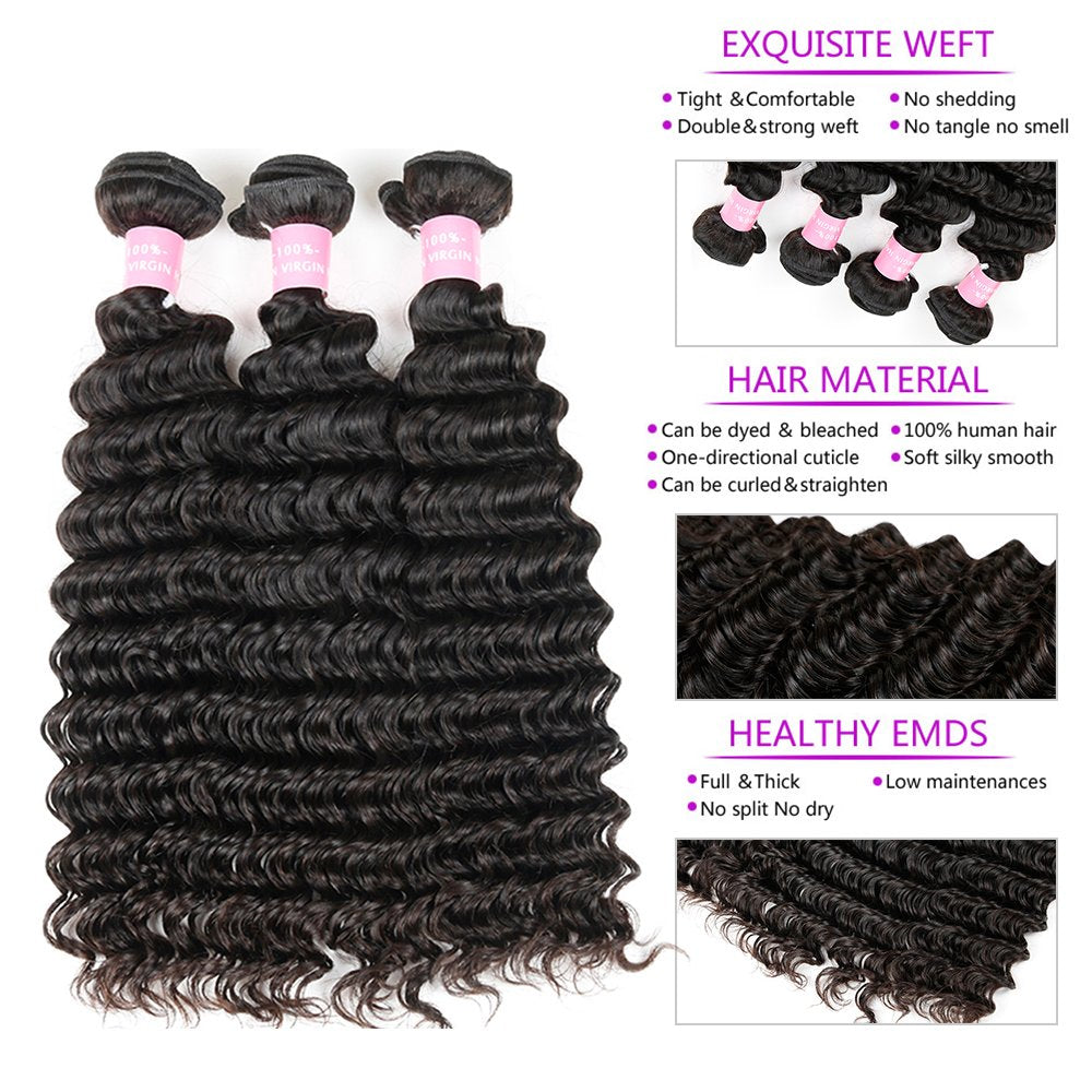 1, 3, 4-piece Deep Wave Bundles Brazilian Human Hair