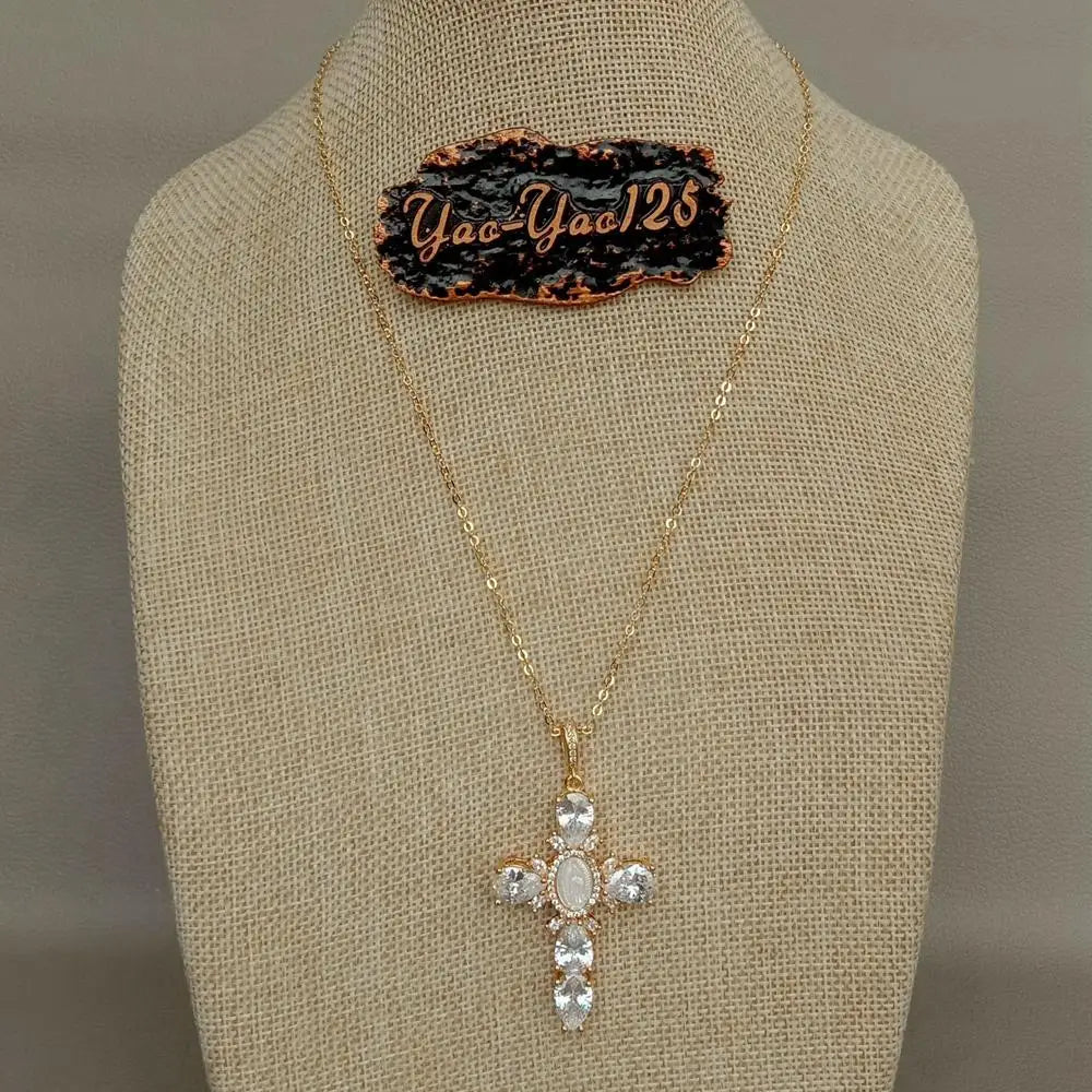 17.5" Shell pearl Cubic Zirconia micro pave Necklace Virgin Mary Cross Pendant