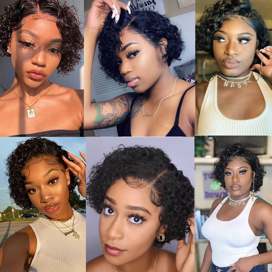 Curly Human Hair Wigs Pixie Cut Wig Deep Wave Lace Front