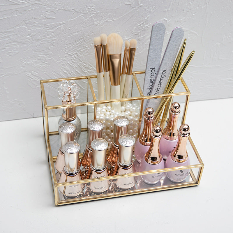 Glass Makeup Organizer Bathroom Cosmetic Organizer With Golden - your-beauty-matters