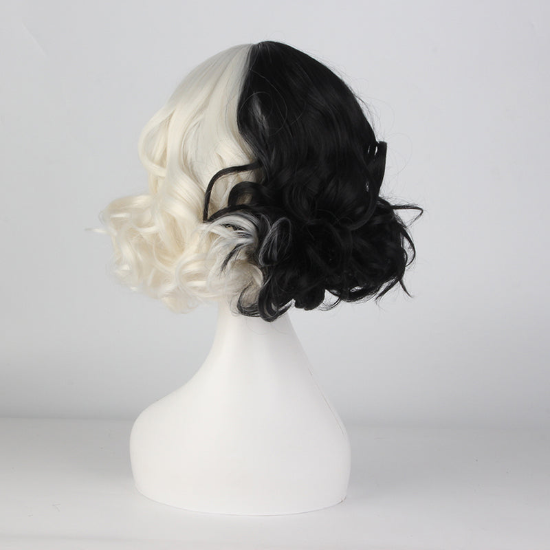 Kuila Wig--Cruella Wig Anime Cosplay Black And White Color Combination Short Curly Hair - your-beauty-matters