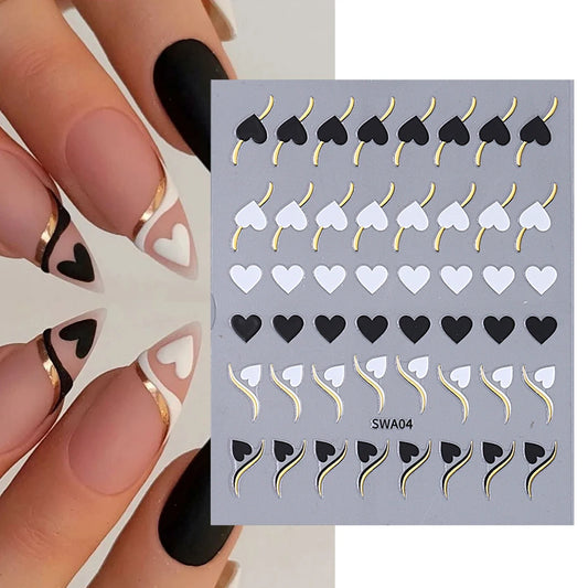 Gold Wave Line Heart Nail Art Stickers