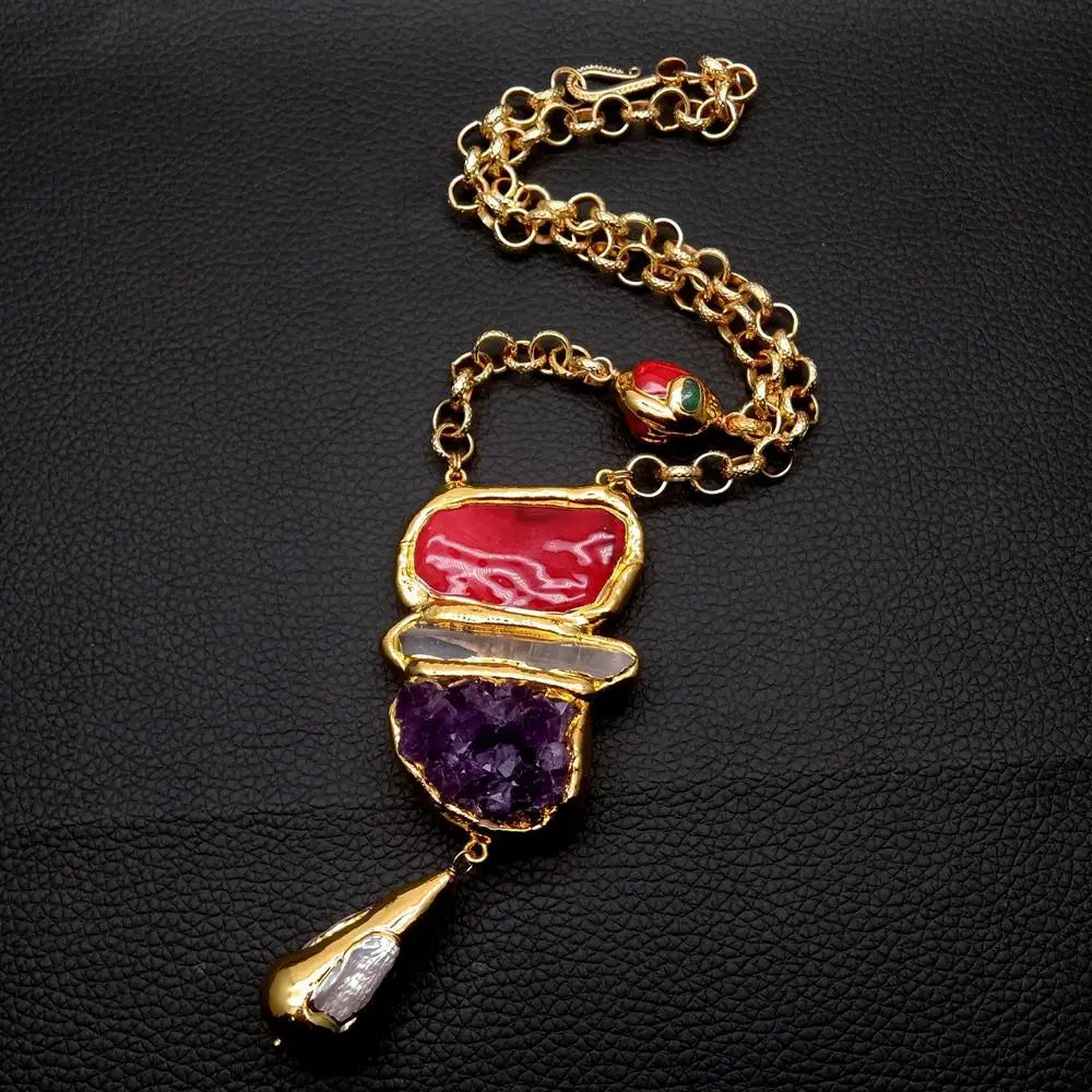 Y·YING Red Coral Amethyst Druzy White Quartz Biwa Pearl Pendant Gold Plated Necklace