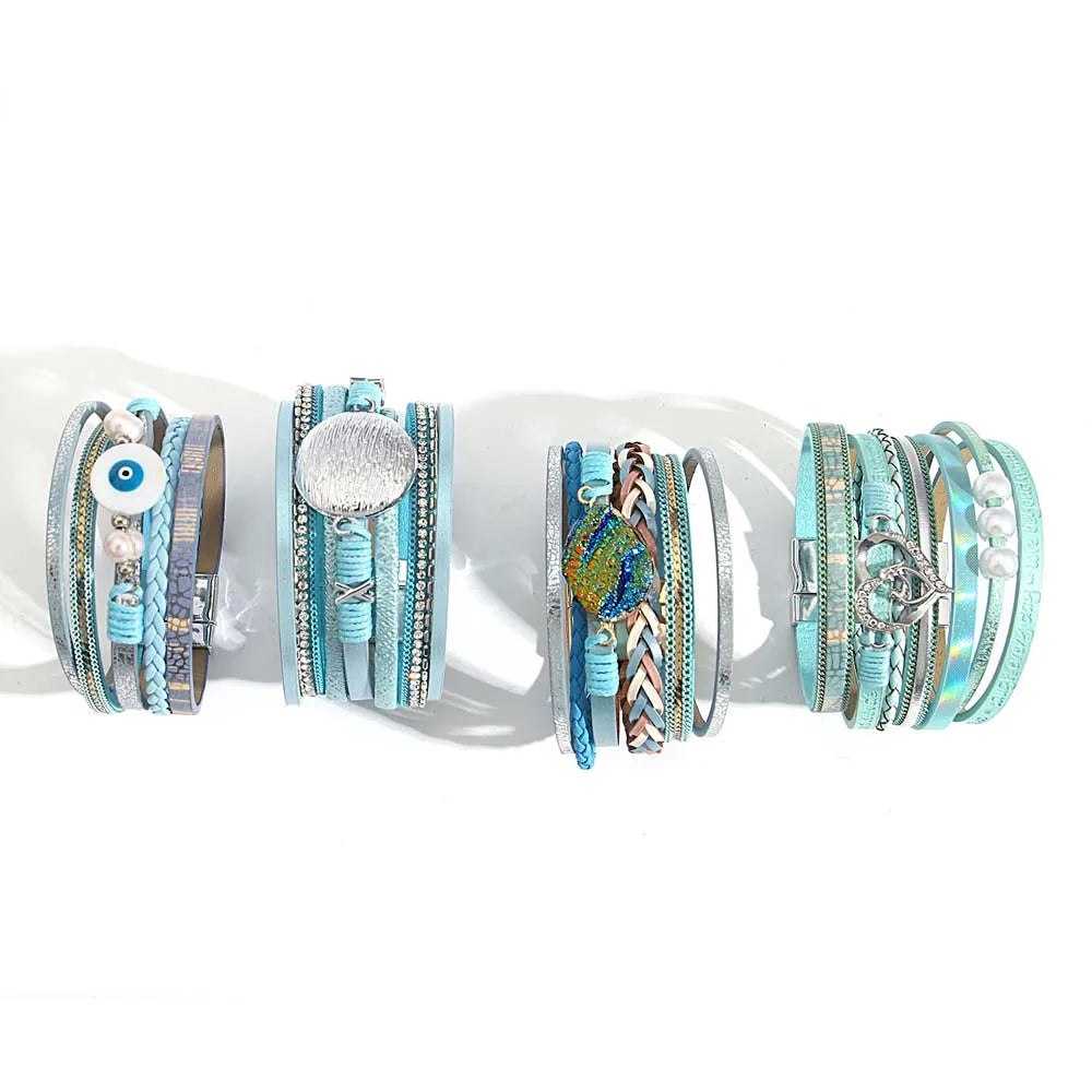 ALLYES Boho Blue Multilayer Braided Leather Bracelet