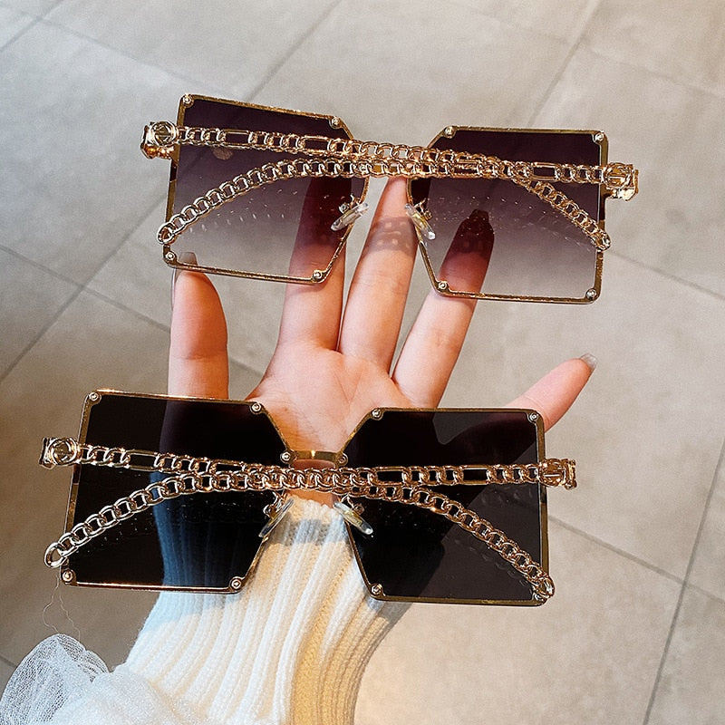 Oversize Gradient Sunglasses Vintage Alloy Chain Frame