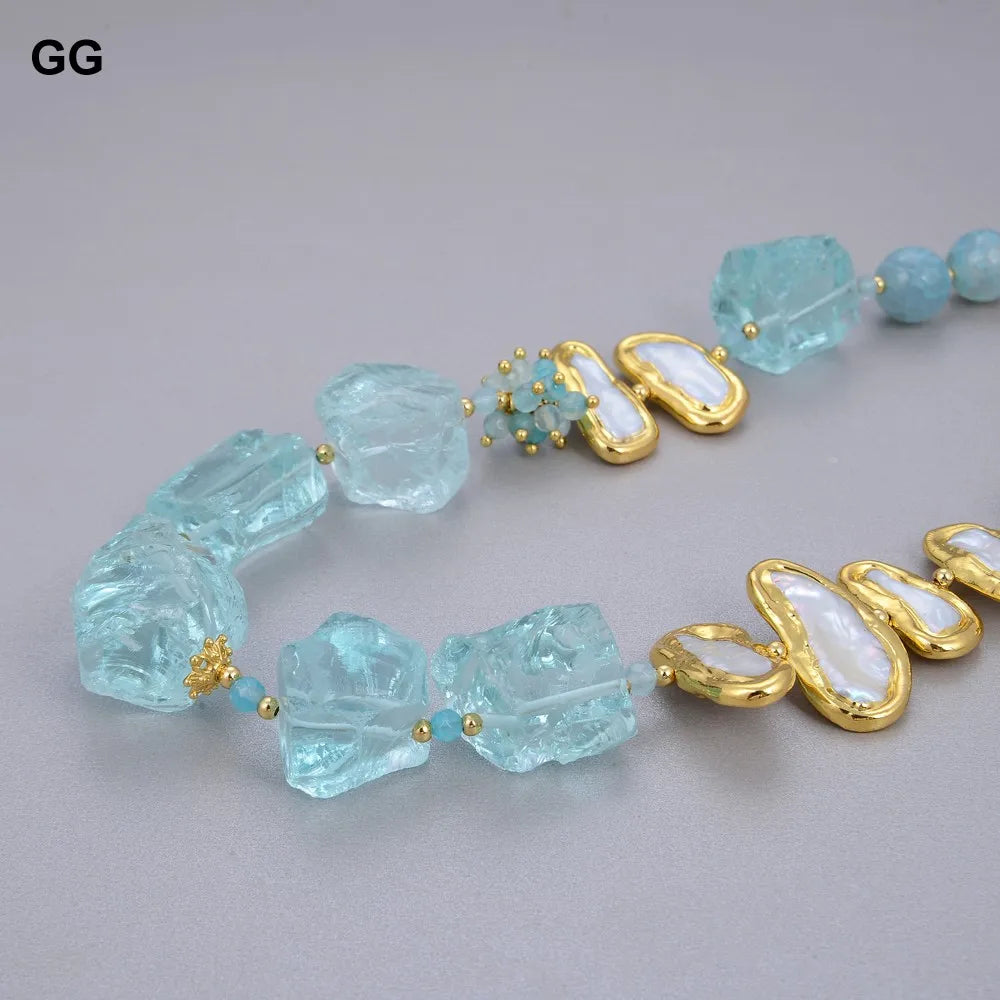 GG Jewelry Natural Blue Glass Quartz Rough White Biwa Freshwater Pearl Round Agates Choker Necklace 21"