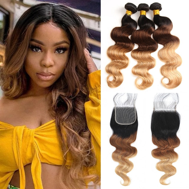 Brazilian Body Wave Human Hair Colored Bundles With Closure