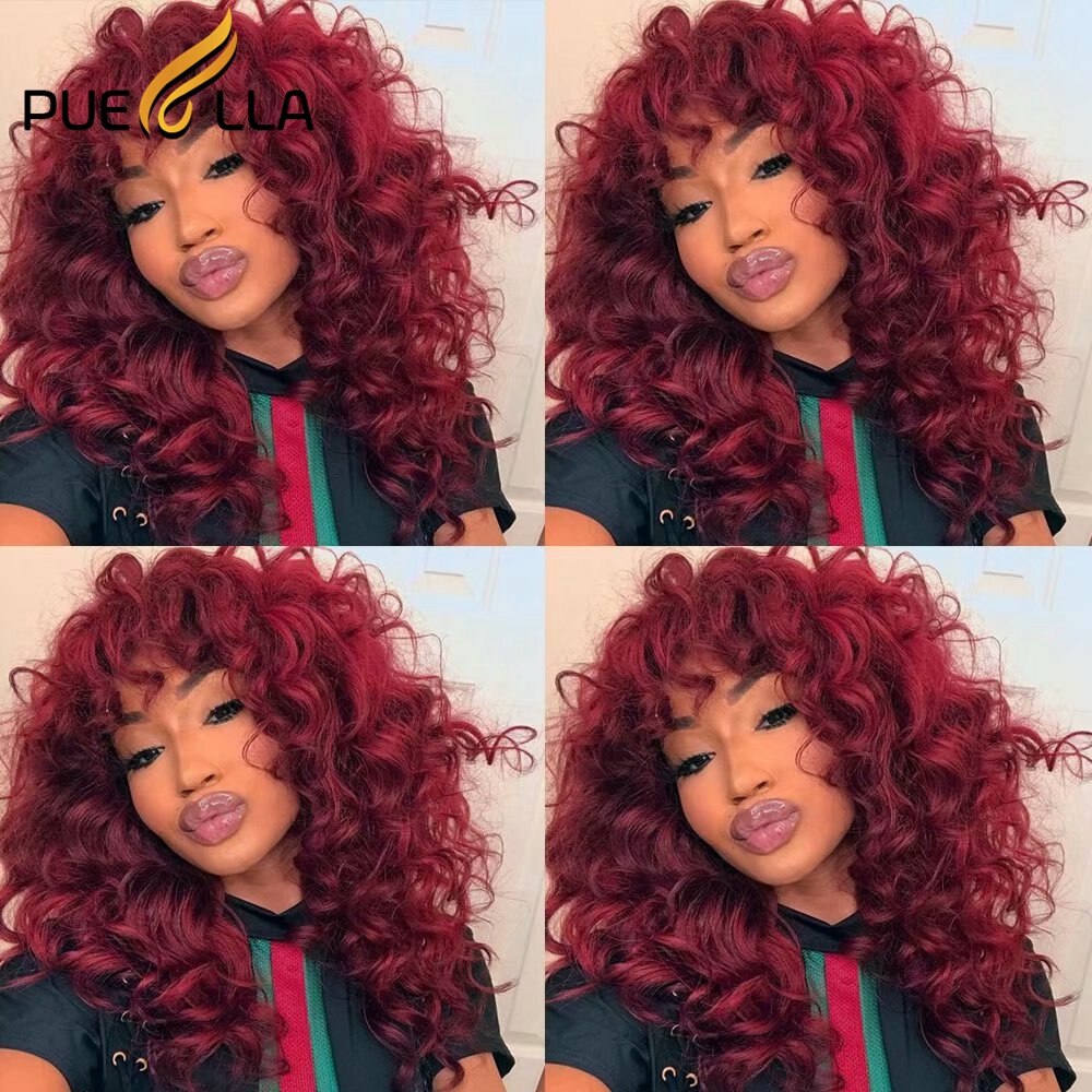 13x6 Burgundy Ginger Lace Front Wig With Bangs 180 Density - Curly Human Hair