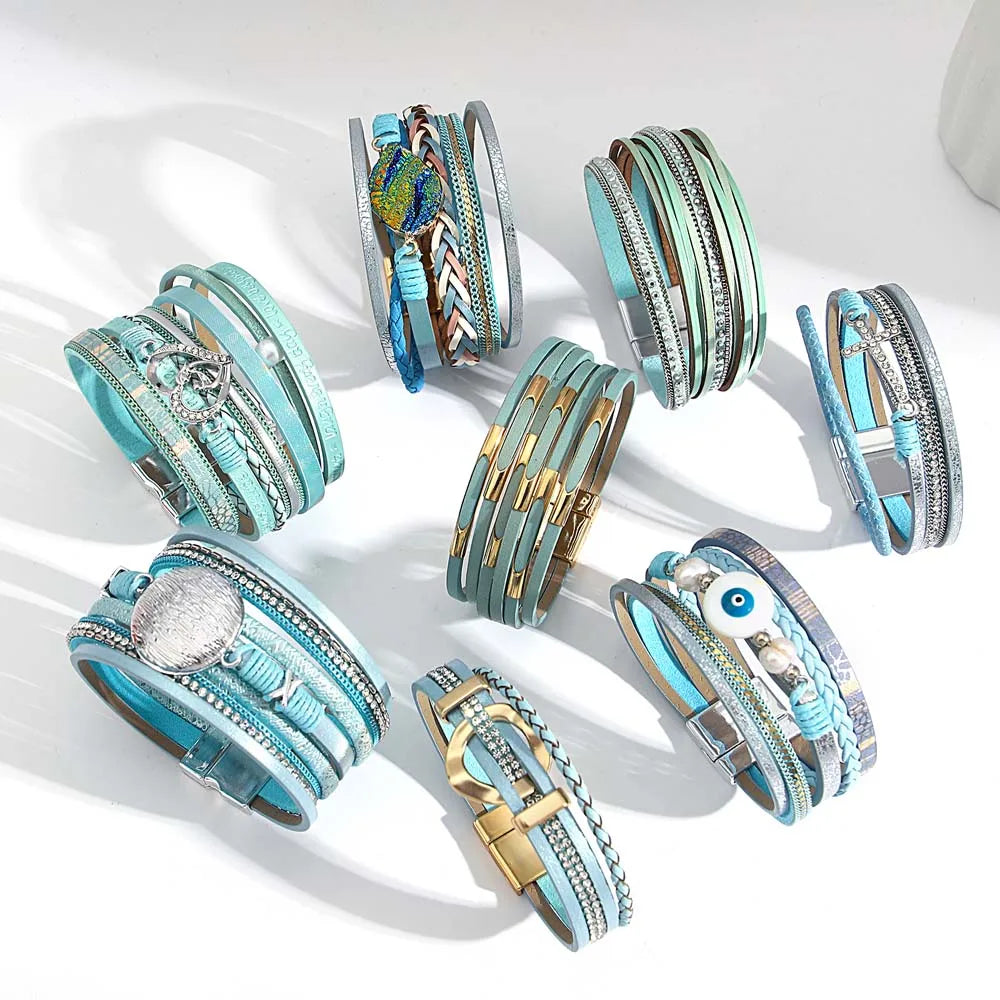 ALLYES Boho Blue Multilayer Braided Leather Bracelet