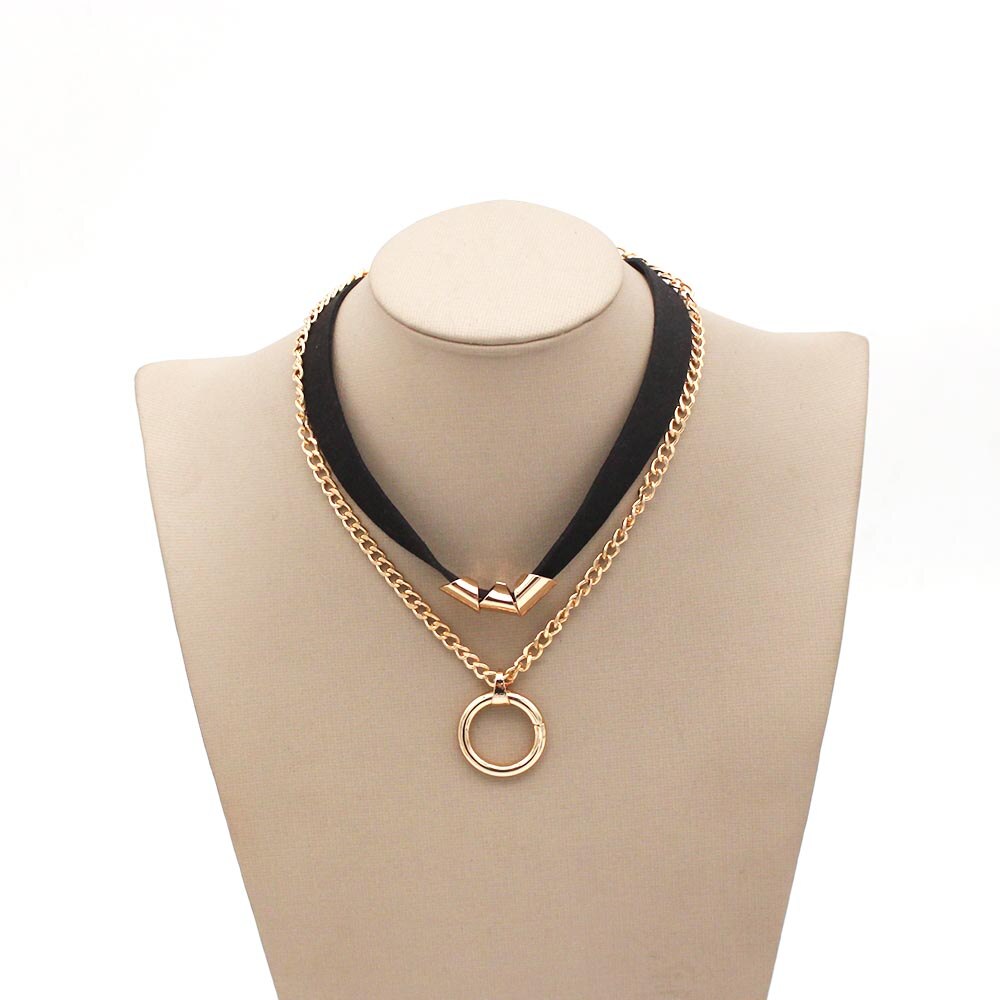 Golden Color Round Pendant Black Rope Cord Necklace