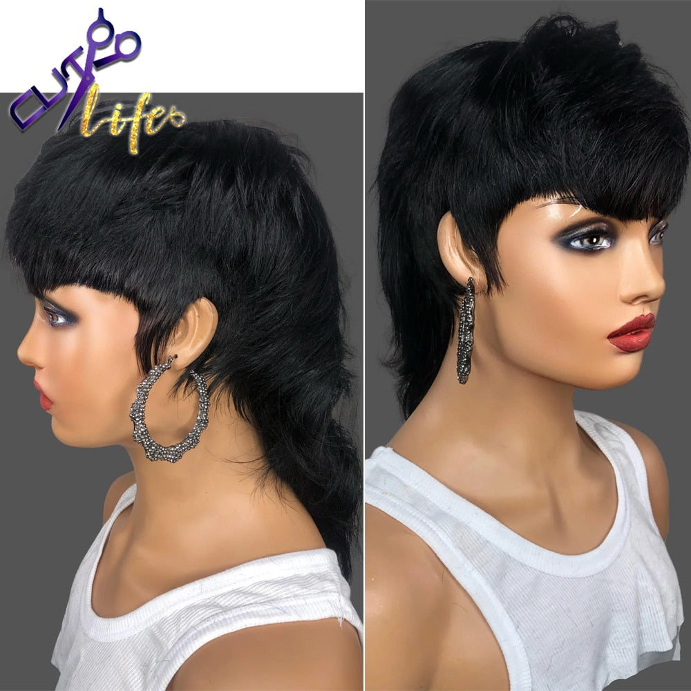 Short Pixie Cut Wigs Full Machine Made Wig With Bangs Dovetail Straight Brazilian Remy