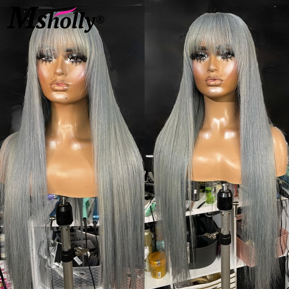 Grey Long Bone Straight With Bangs Lace Front Wig