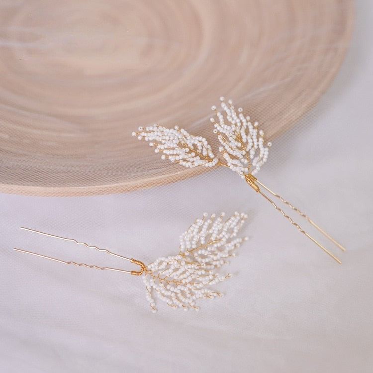 2pc feather shape beads hair pins for bride headdress