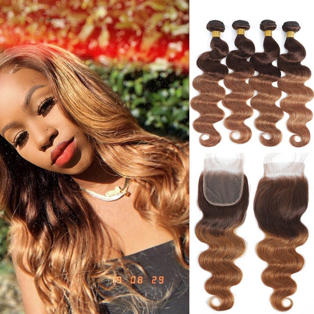 Brazilian Body Wave Human Hair Colored Bundles With Closure