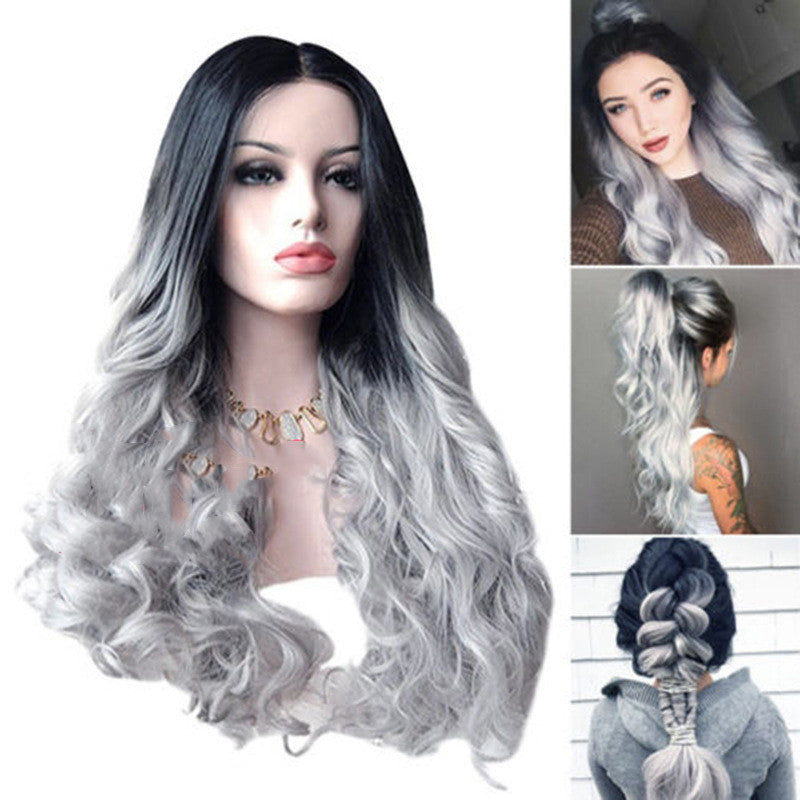 European And American Wig Granny Grey Gradient Medium-Long Volume - your-beauty-matters