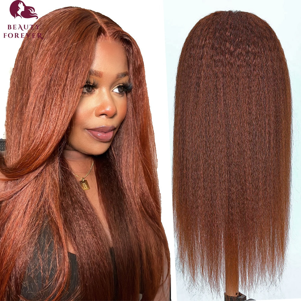 Auburn Brown Kinky Straight Lace Part Glue less Human Hair Wigs with Natural Hairline