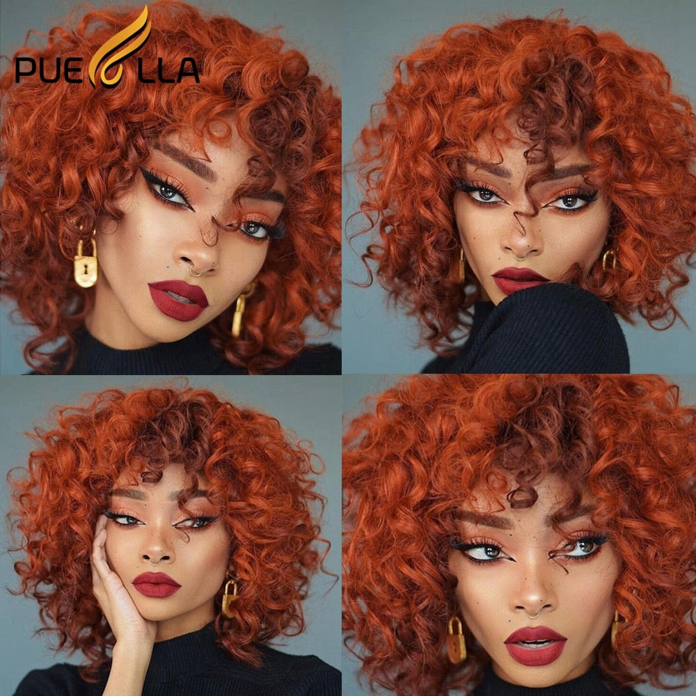 13x6 Burgundy Ginger Lace Front Wig With Bangs 180 Density - Curly Human Hair