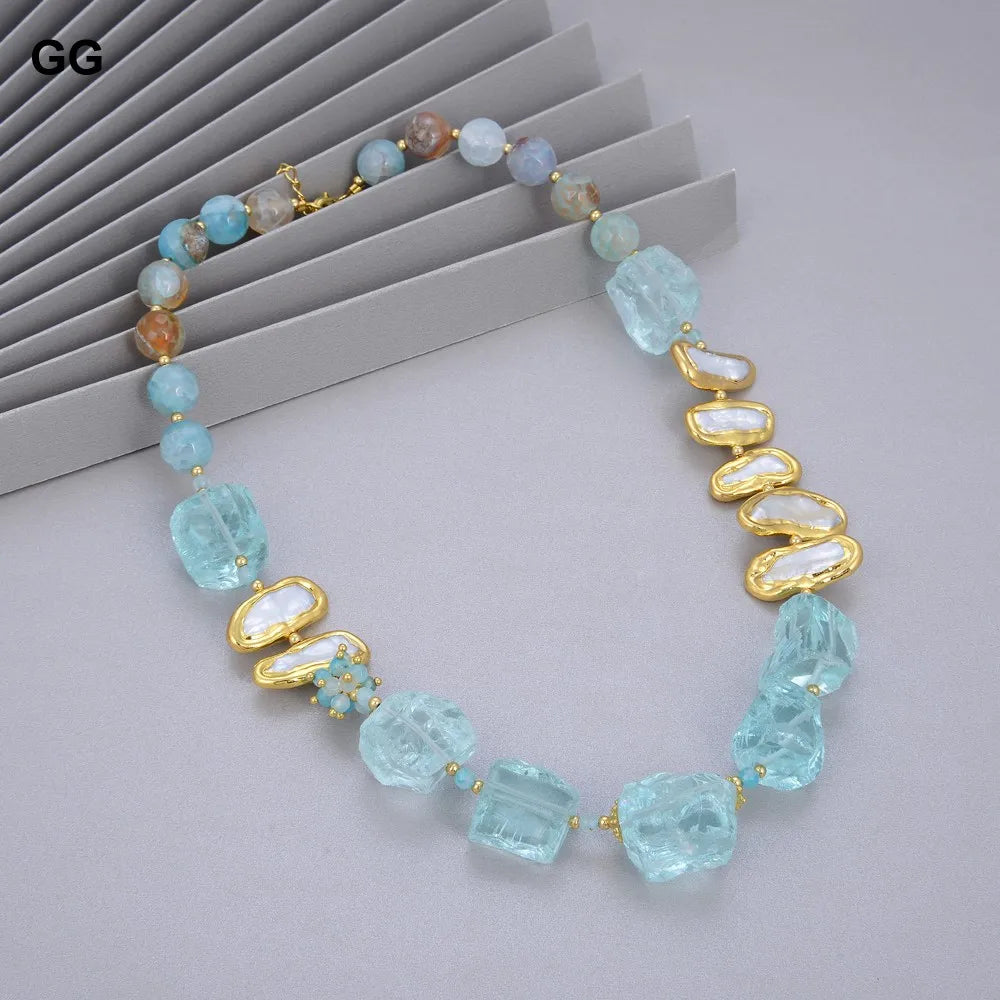 GG Jewelry Natural Blue Glass Quartz Rough White Biwa Freshwater Pearl Round Agates Choker Necklace 21"