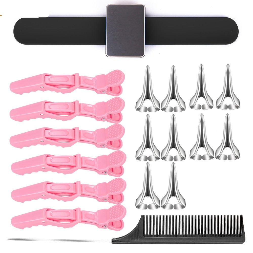 18pcs Hairdressing Kits with 10pcs Black Hair Parting Ring Tip Tail Comb Magnetic Wristband Pincushion Accessories