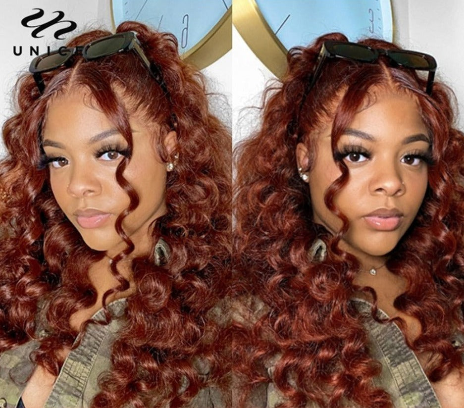 UNice Stunning #33B Reddish Brown Color Deep Wave lace Frontal Wig Density 100% - Human Hair