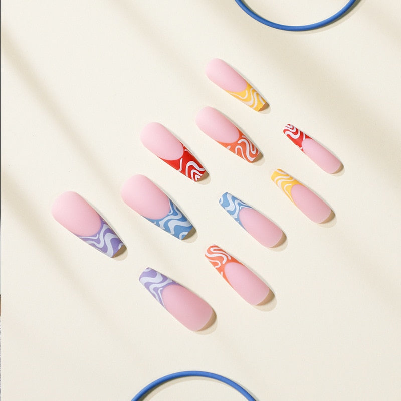 Wearable Nail Art Rainbow Color Wave Pattern French Detachable Coffin Fake Nails