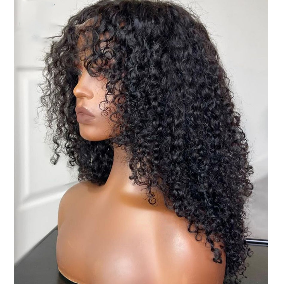 Soft Natural Black 26 Inch Long Kinky Curly Machine Wig With Bangs - Synthetic Wigs
