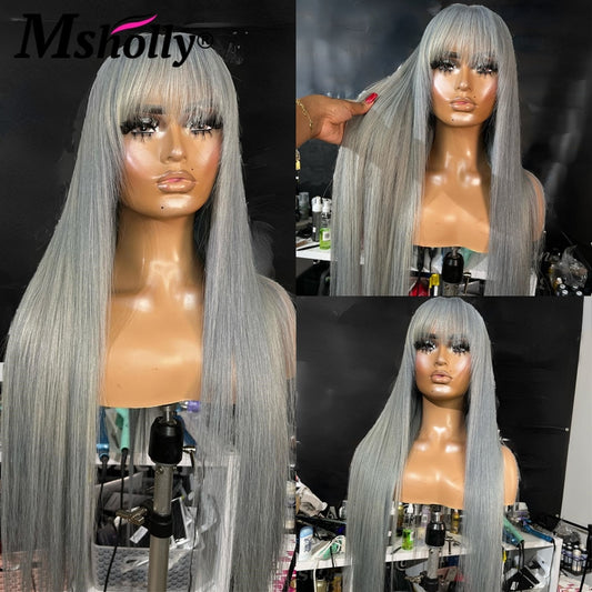 Grey Long Bone Straight With Bangs Lace Front Wig