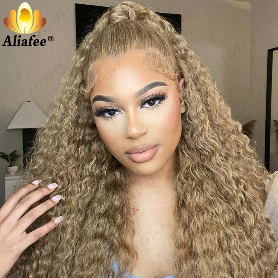 Aliafee Honey Blonde Color Kinky Curly Human Hair Lace Front Wig