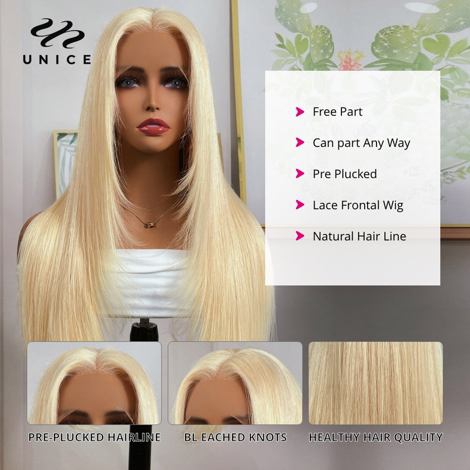 UNice Hair 613 Blonde Bone Straight Lace Front Wigs With Layer Inner Buckle Virgin Human Hair Transparent Glueless