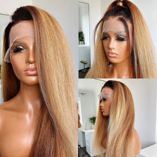 Ombre Honey Blonde Ponytail Yaki Straight HD Lace Pre-Plucked Human Hair Glueless Kinky Straight Wig