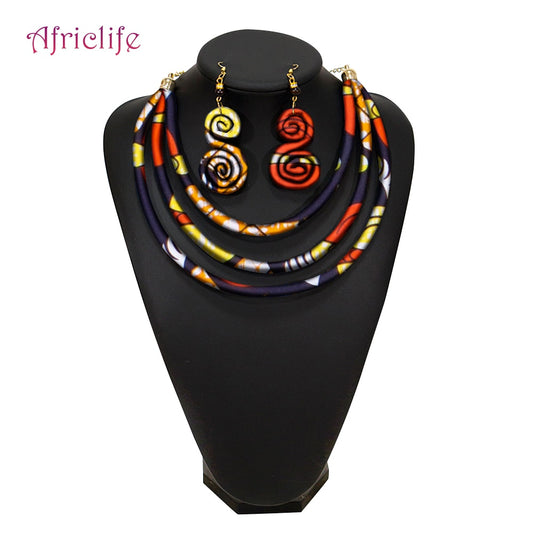 African Rope Necklace Print Wax Ankara Fabric  Necklace and Earrings 2 Pieces Set