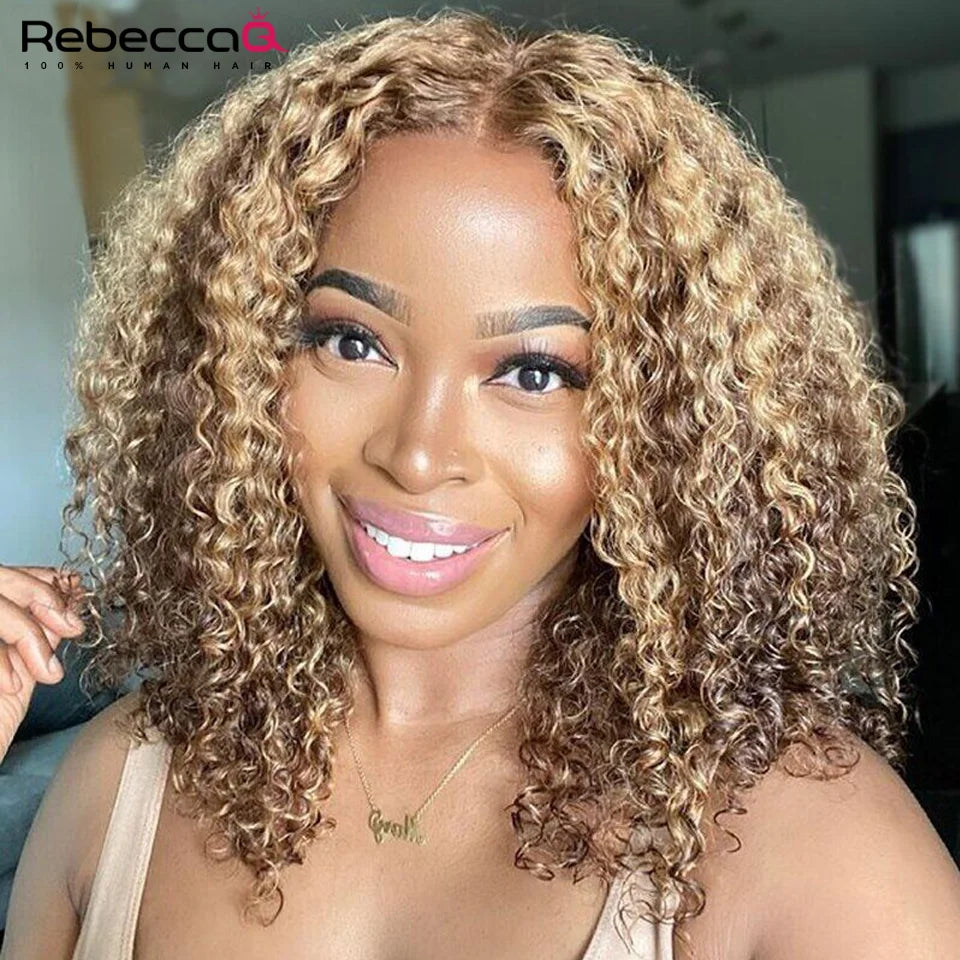 Highlight Short Curly Bob Wig 13x4x1 Lace Front Human Hair Wigs Pre Plucked P4/27 Colored