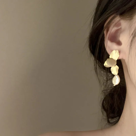 Minar Statement Fashion Gold Color Flower Petal Long Drop Earrings