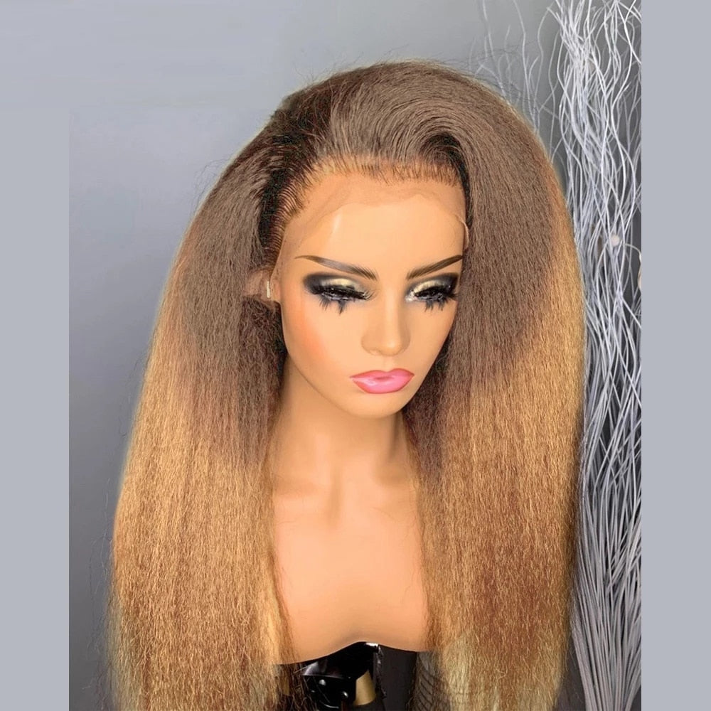 Ombre Honey Blonde Ponytail Kinky Straight Hd 360 Lace Frontal Wigs Preplucked 13x6 Lace Human Hair Gluelessyaki Straight Wig - Lace Wigs