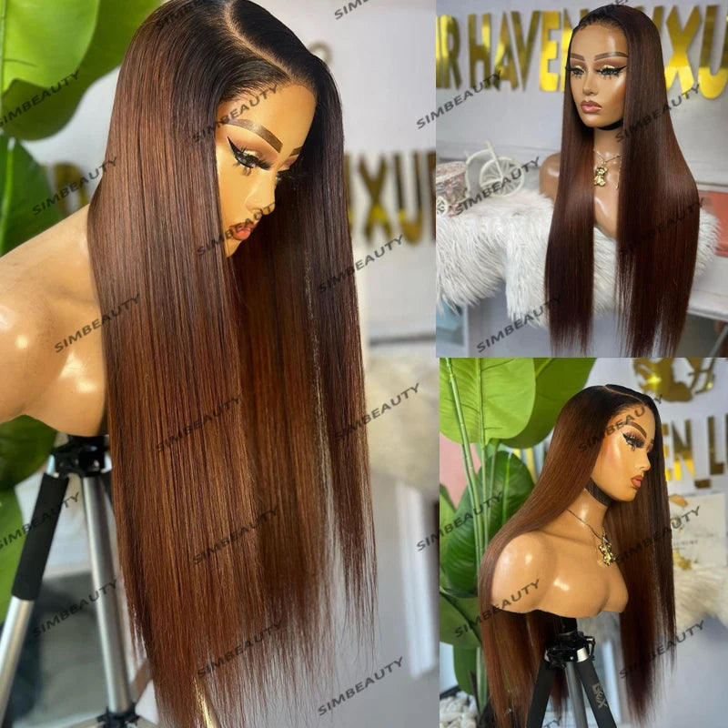 Ombre Dark Roots Silky Straight Red Copper Brown Human Hair  Glue less Pre Plucked Lace Frontal Wigs
