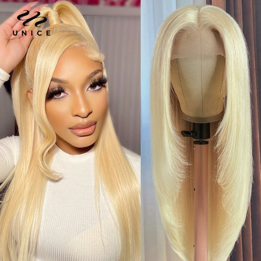 UNice Hair 613 Blonde Bone Straight Lace Front Wigs With Layer Inner Buckle Virgin Human Hair Transparent Glueless