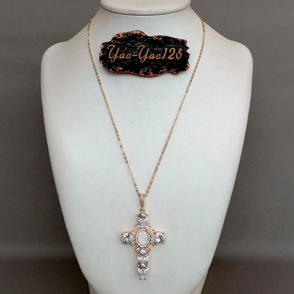 17.5" Shell pearl Cubic Zirconia micro pave Necklace Virgin Mary Cross Pendant