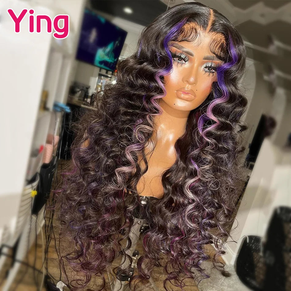 Ying Curly Lace Frontal Wig Highlight Purple  Loose Deep Wave Human Hair Wigs