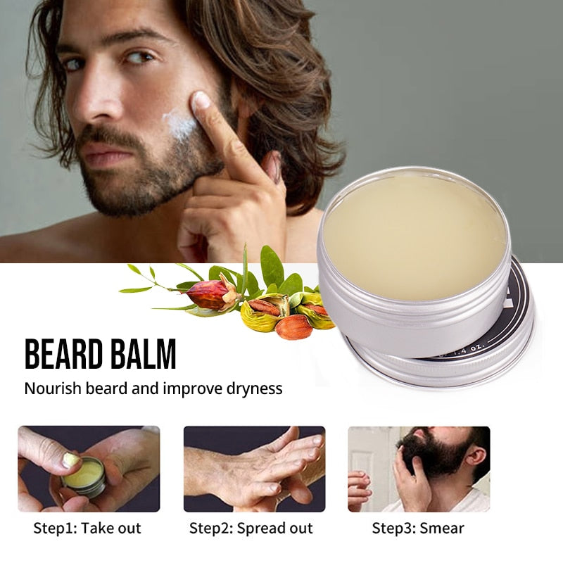 7Pcs/Sets Beard Growth Kit For Men--Beard Care Oil Moisturizer Wax Balm With Comb Scissor| |