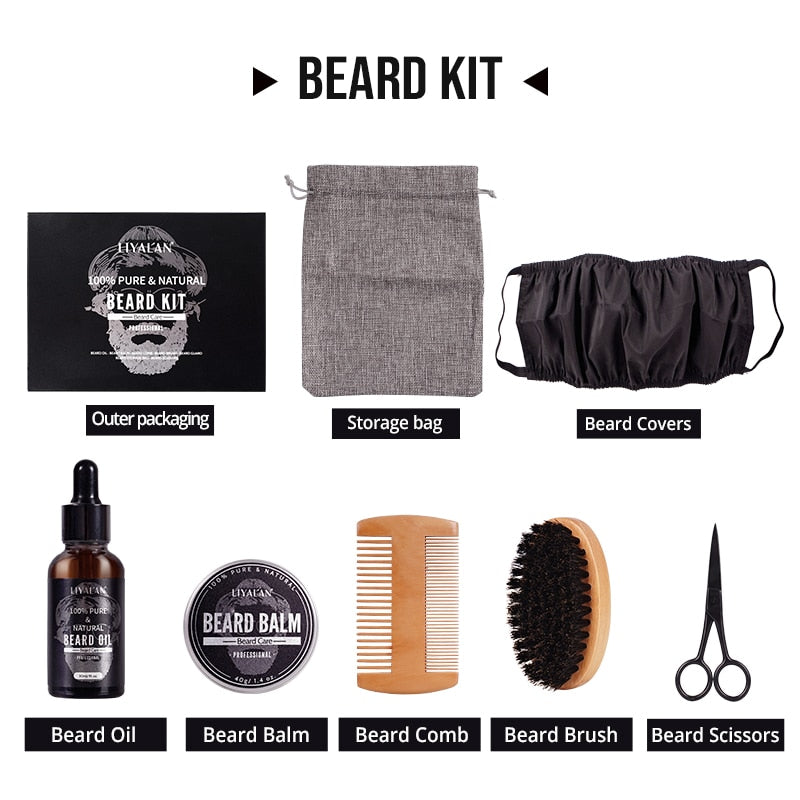 7Pcs/Sets Beard Growth Kit For Men--Beard Care Oil Moisturizer Wax Balm With Comb Scissor| |