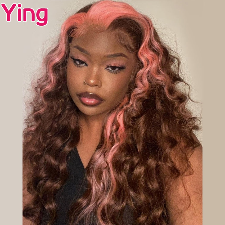 Ying 180% Density 13X6 Lace Front Wig Natural Wave Highlight Pink Brown