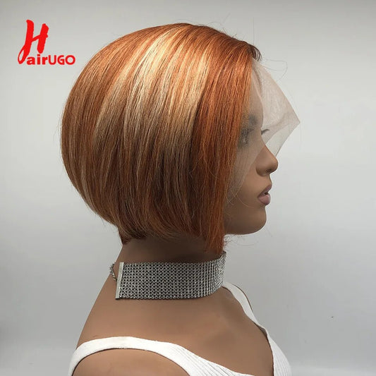 HairUGo Highlight Orange Short Pixie Cut Part Human Hair Lace Wigs