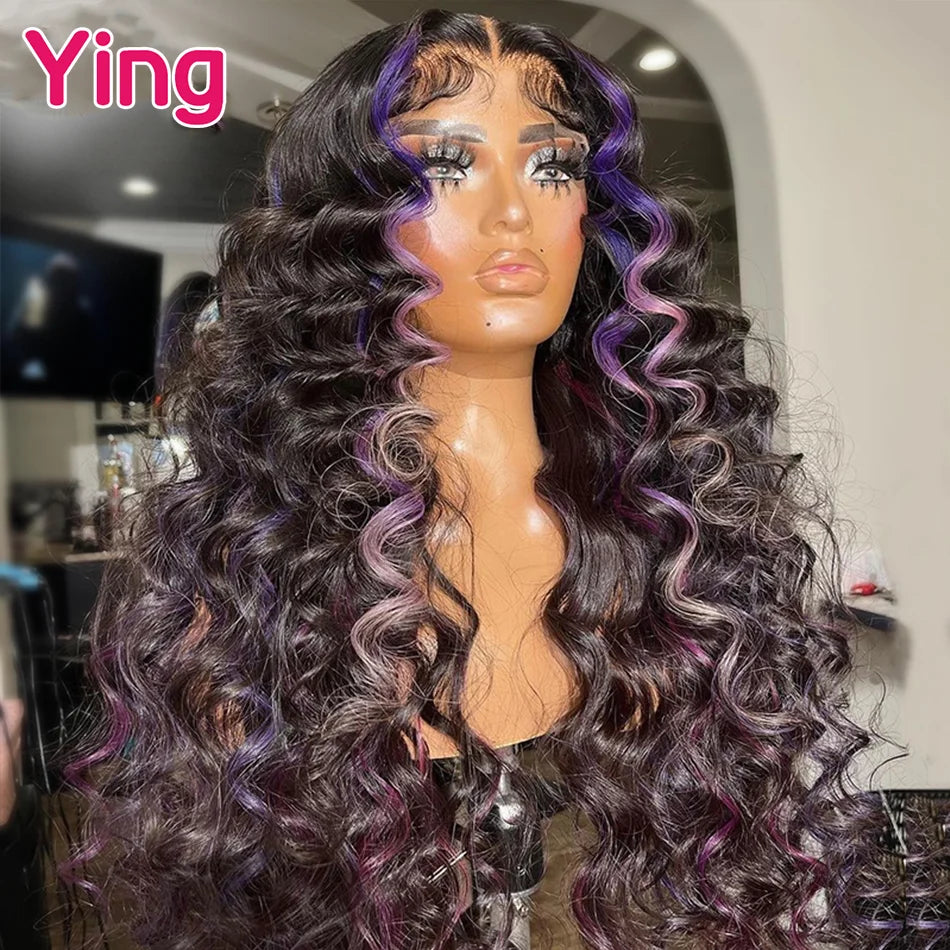 Ying Curly Lace Frontal Wig Highlight Purple  Loose Deep Wave Human Hair Wigs