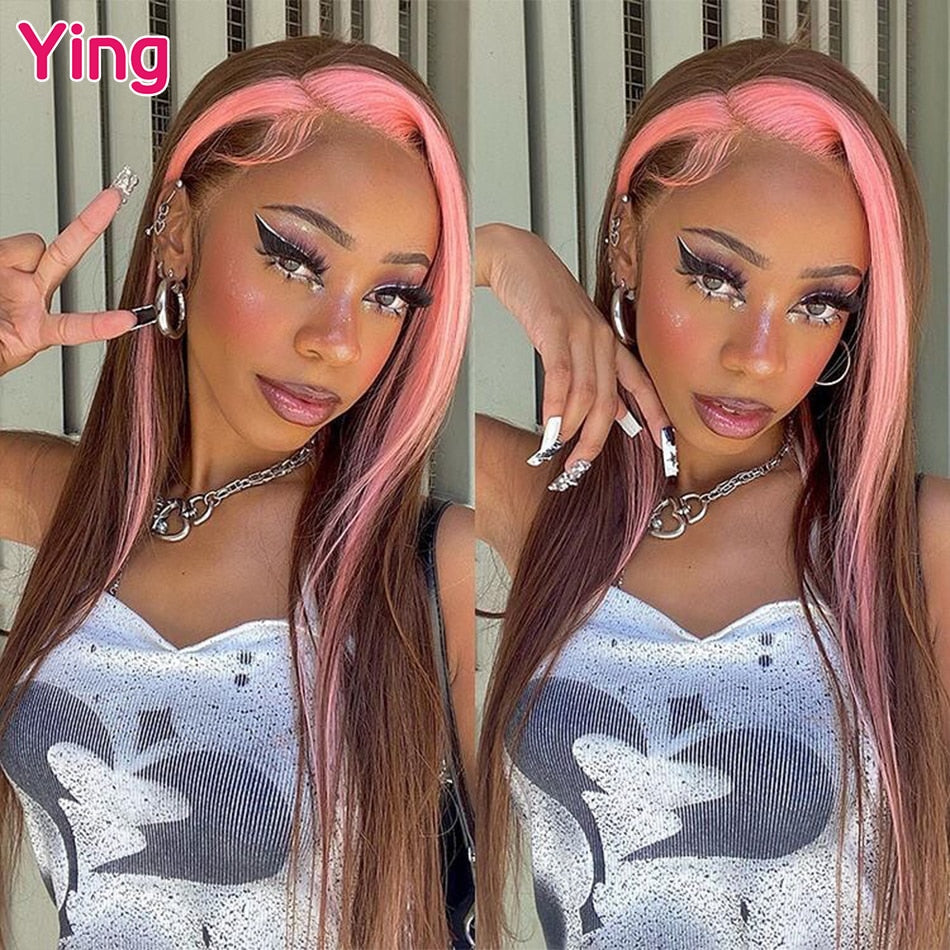 Ying 180% Density 13X6 Lace Front Wig Natural Wave Highlight Pink Brown
