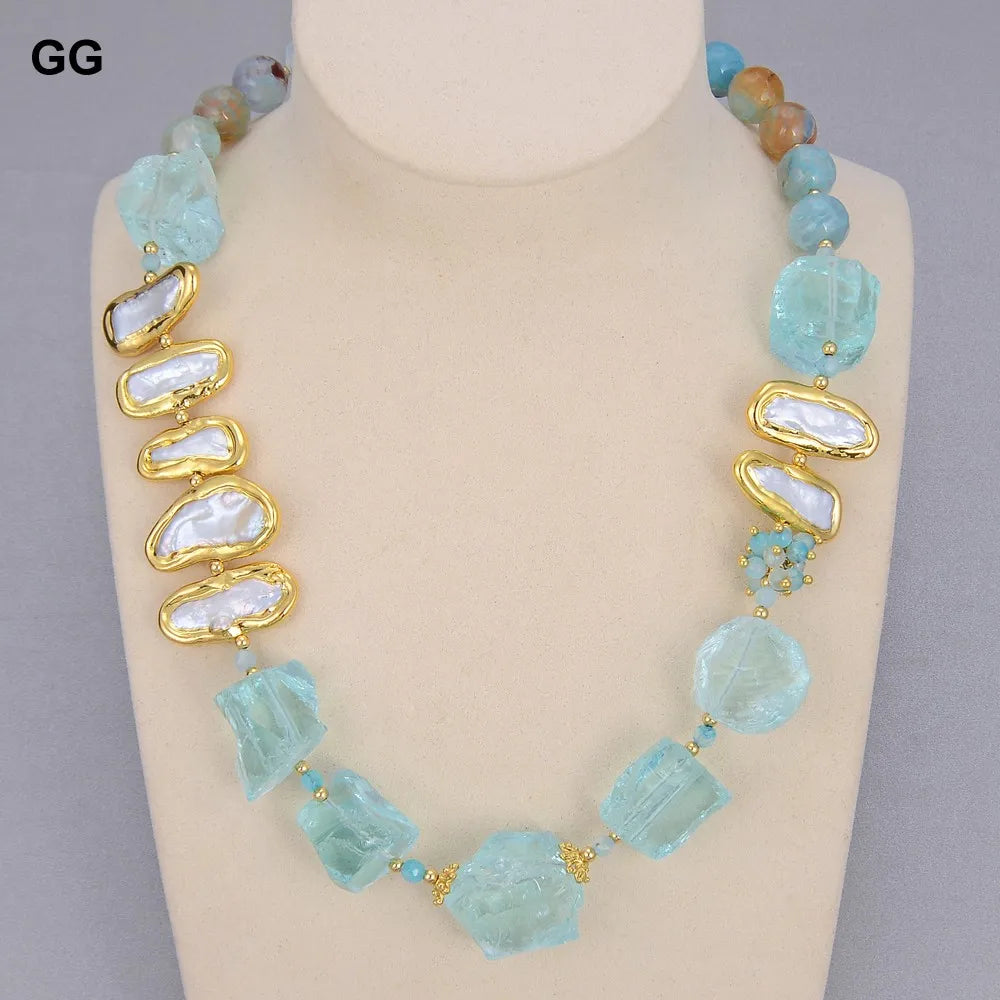 GG Jewelry Natural Blue Glass Quartz Rough White Biwa Freshwater Pearl Round Agates Choker Necklace 21"